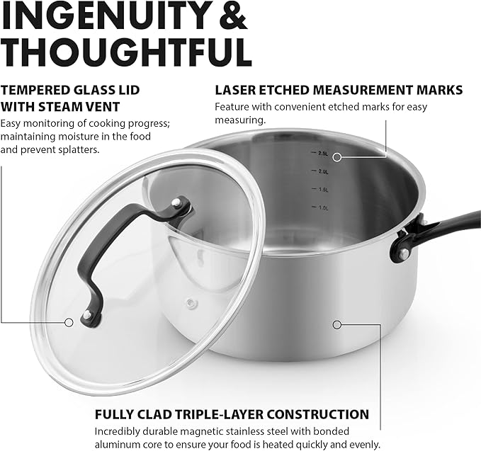 GrandTies Full-Clad Tri-Ply Stainless Steel Sauce pan Induction Cookware – 3 QT Stainless Steel Pot, Marquina Black Metal Handles Kitchen Cooking Pot with Lid, Dishwasher Safe Pots and Pans