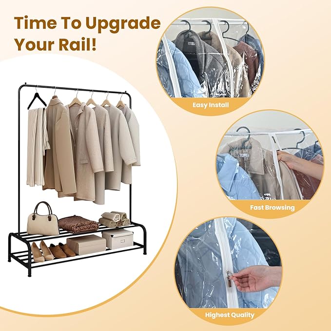 Garment Rack Cover waterproof ransparent Clothes Rack Cover, PEVA Dustproof Wardrobe Hanging Protector Rack Organizer with 2 Smooth Zipper(60 * 20 * 60inch)