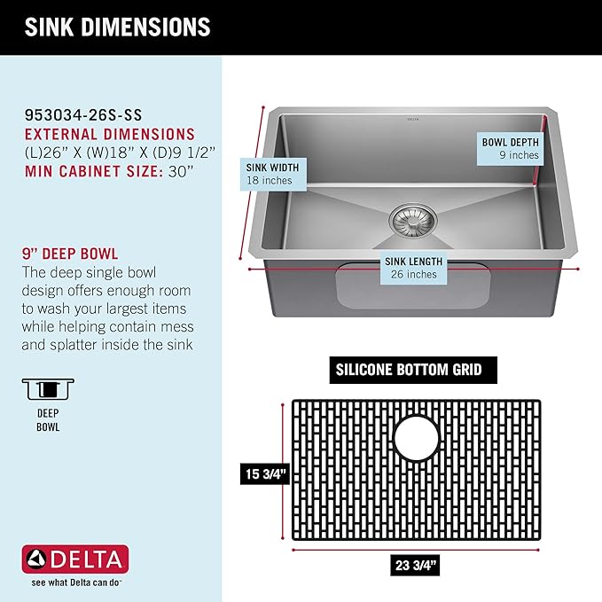 DELTA FAUCET Delta Lenta 26-inch Undermount 16 Gauge Stainless Steel Single Bowl Kitchen Sink with Accessories, 953034-26S-SS, Satin