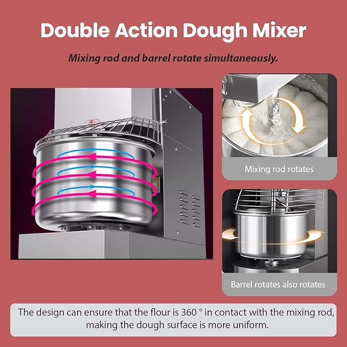 40QT Commercial Stand Dough Mixer Double Action Fast and Slow Speed Spiral Electric Flour Mixing Machine for Professional Bread Making Kneading Machine with Speed Time Control 40L 1800W