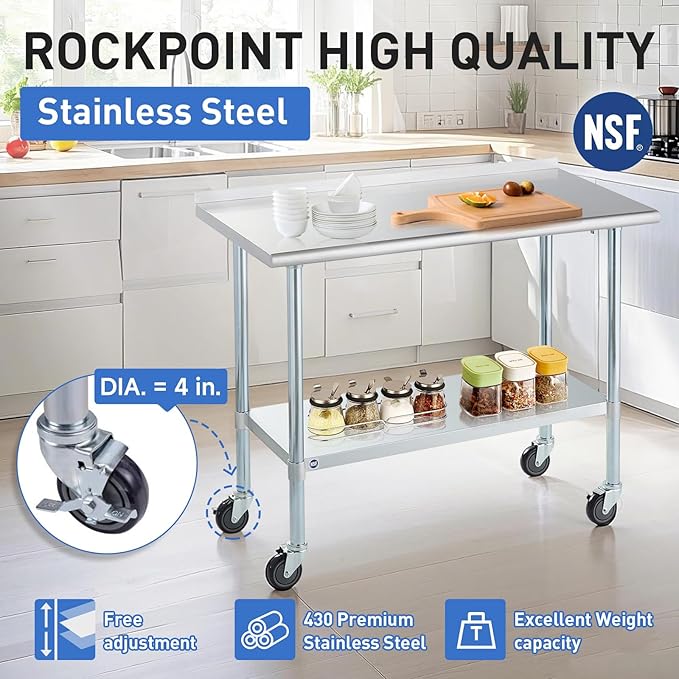 Stainless Steel Table for Prep & Work with Caster & Backsplash 30x60 Inches, NSF Metal Commercial Kitchen Heavy Duty Table with Adjustable Under Shelf and Table Foot for Restaurant, Home and Hotel