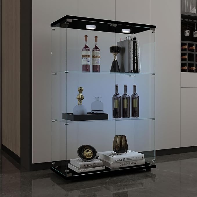 Glass Display Cabinet with LED, 3 Shelves with 2 Doors, Curio Storage Cabinets with Lock for Living Room, Office, Floor Standing Glass Bookshelf, Quick Installation - Black