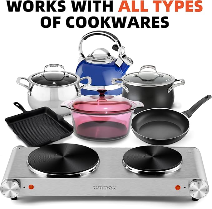 CUSIMAX Electric Hot Plate, 1800W Double Burner, Cast Iron Countertop Cooktop, Hot Plates for Cooking, Portable Countertop Stove, Compatible with all Cookwares, Upgraded Version