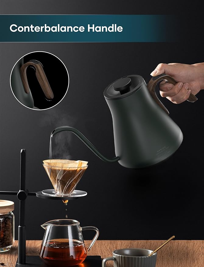 Gooseneck Electric Kettle with ±1℉ Temperature Control for Pour Over Coffee & Tea, Quick Heating, BPA-Free Stainless Steel, Built-in Brew Timer, 1500W/0.9L (Rainforest)