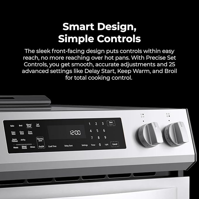 Kenmore 5.6 cu. ft. Front Control Electric Range Oven with 5 Elements - True Convection, Air Fry, Self Clean Oven, Temperature Probe, Ultra Durable Chrome Racks, Large Window - Stainless Steel