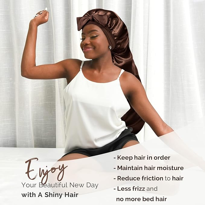 YANIBEST Long Bonnet Satin Bonnet for Sleeping Braid Bonnet with Tie Band Silk Sleep Bonnet for Women Locs Brown