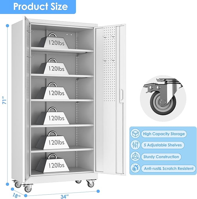 Aobabo Upgraded Garage Storage Cabinets with Wheels,Metal Storage Cabinets with 5 Adjustable Shelves for Garage Home Office Storage,White,71''H*34''W*18''D,Assembly Required