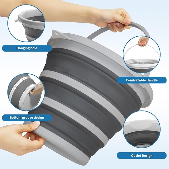 Collapsible Bucket with Handle, 2.6 Gallon Foldable Water Bucket for Car Wash, Cleaning, Camping and Outdoor, Gray and White