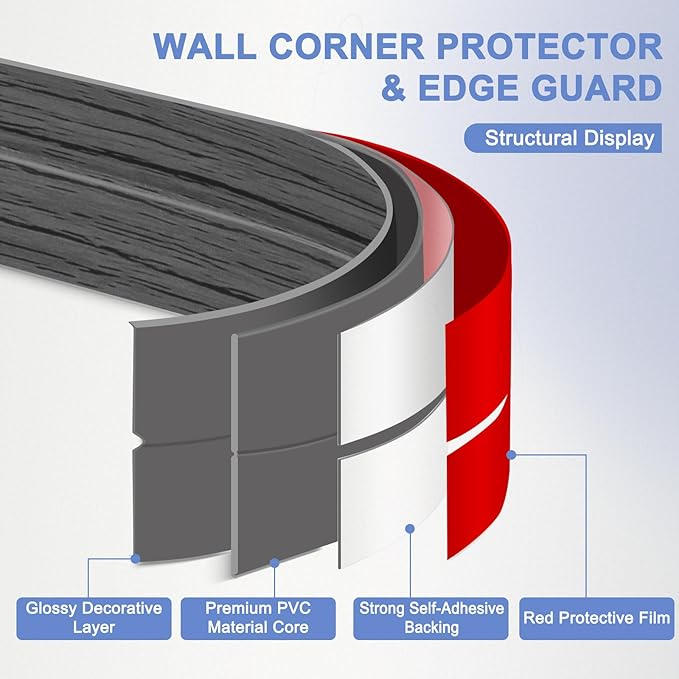 Wall Corner Protector Moulding Trim Peel and Stick Wall Corner Guards Trim Flexible Self Adhesive Edge Protector Moulding, 1.6 in x40 Ft, Deep Gray Wood