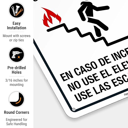 in Case of Fire Do Not Use Elevator Use The Stairs Bilingual Sign, Fire Safety Sign, 10x7 Inches, 55 mil Thick HDPE (high Density polyethylene), Made in USA