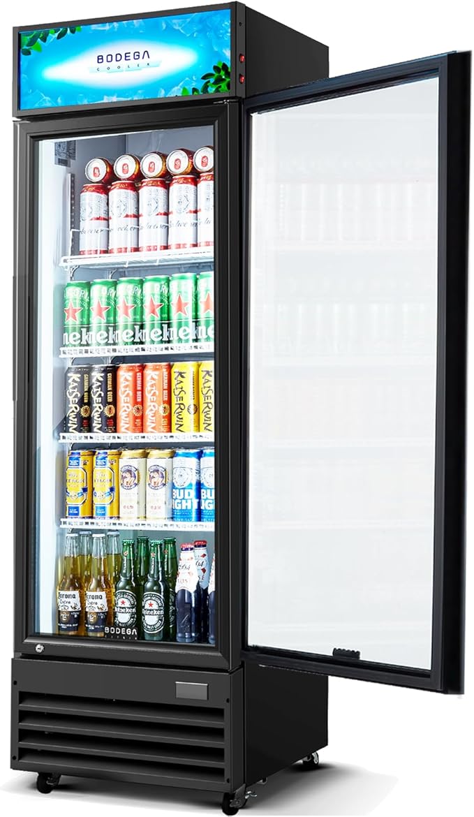 BODEGACOOLER Beverage Refrigerator and Cooler, Commercial Refrigerators with 4 shelves, Commercial Fridge with Soft LED Light. Merchandiser Refrigerators as Black Bar Cooler For Party, 9.0 Cu. Ft