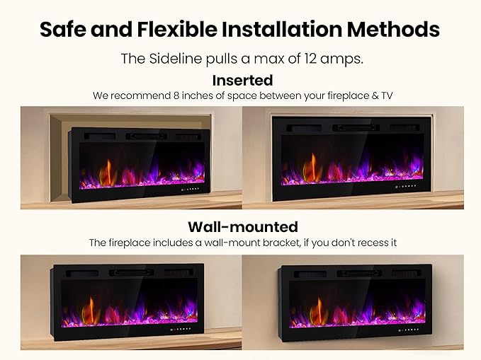 Electric Fireplace 50 Inch Wall Mount Insert Fireplaces Realsmart 1500W,Fit for 2 X 6 stub,Ultra-Thin Heater Ultra-Thin with 3 Heating Modes Timer 12 Adjustable Flame Colors Touch Remote Control