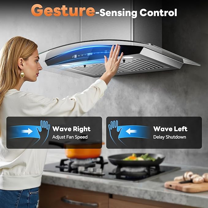 Range Hood 30 Inch, Tieasy Wall Mount Kitchen Hood with Ducted/Ductless Convertible Duct, Stainless Steel Chimney and Baffle Filters, Touch Control Fan Timer, LED Lights, 3 Speed Fan