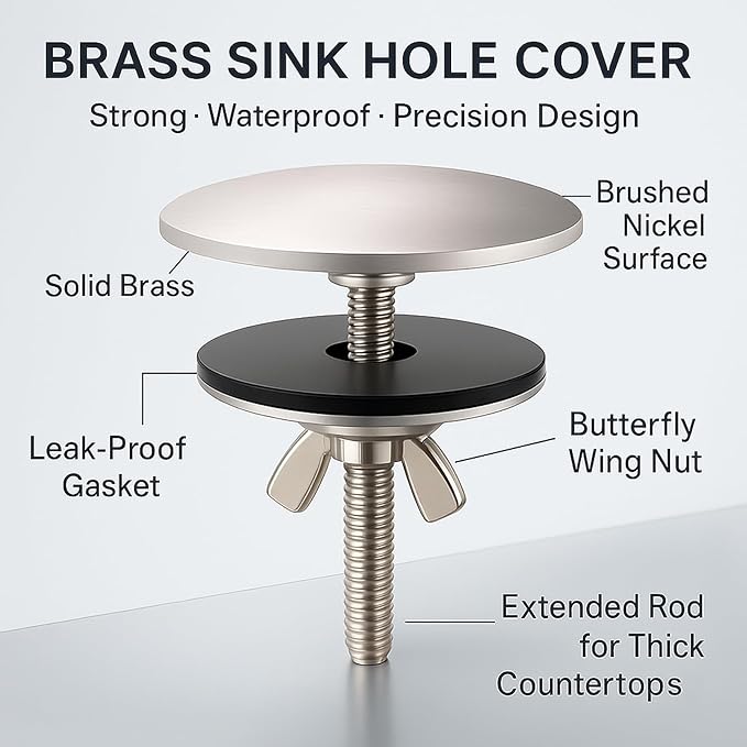 Solid Brass Kitchen Sink Hole Cover, 2 Inch Faucet Hole Cover, Brushed Nickel Finish Tap Hole Plate Stopper Cover, Countertop Hole Cover for Kitchen and Bathroom Sinks (Brushed Nickel)