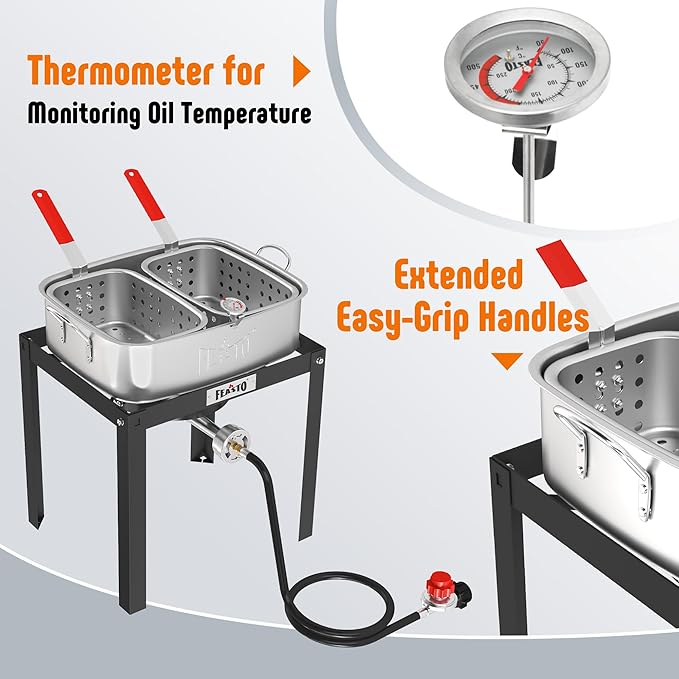 18 QT Fish Fryer with 2 Inner Baskets for Outdoor Cooking, Outdoor Aluminum Propane Deep Fryer Pot and Basket for Frying Fish, Chicken Wings, French Fries, and Seafood