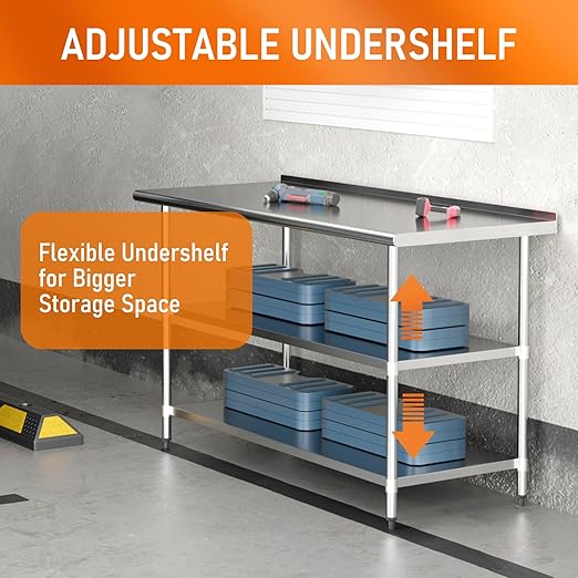 Stainless Steel Prep Table 24" X 60" with 2 Adjustable Undershelves, Backsplash and Wheels, Commercial Metal Workstations for Kitchen, Garage, Outdoor BBQ