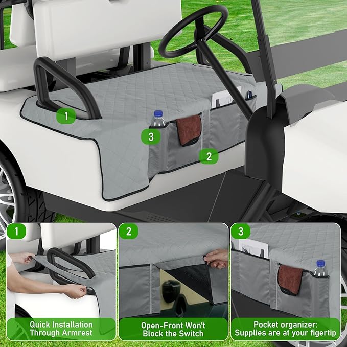 Kaskawise Golf Cart Seat Cover Blanket with Pockets,Absorbent Towel Fabric for Yamaha Drive/G-Series, Club Car Precedent/DS,EZGO TXT/RXV 2-Person Seats,Machine Washable,Summer/Winter,Grey