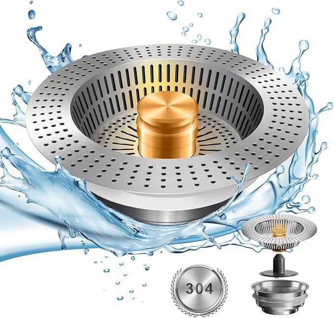 Kitchen Sink Drain Strainer Stainless Steel,Sink Food Catcher Press - Activated, Kitchen Sink Stopper and Drain Stop,Drain Cover Plug Filter Kitchen Sink,Sink Strainer Basket,Gold Kitchen Accessories