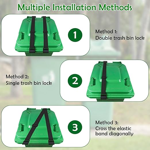 2PCS Trash Can Locks for Animals-Proof with Double Metal Hook, Adjustable Strap for 28-96 Gallon Garbage Bin Locks Against Raccoons, Squirrels, Outdoor Trash Can Lid Protection with Secure Buckle