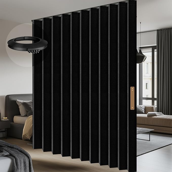 100% Blackout Room Divider Curtains - with Flexible Ceiling Curtain Track, Noise Reduce Barrier for Portable Curtain for Sliding Glass Door/Space Room Divider (Black, W180 x L108, 1 Pack)