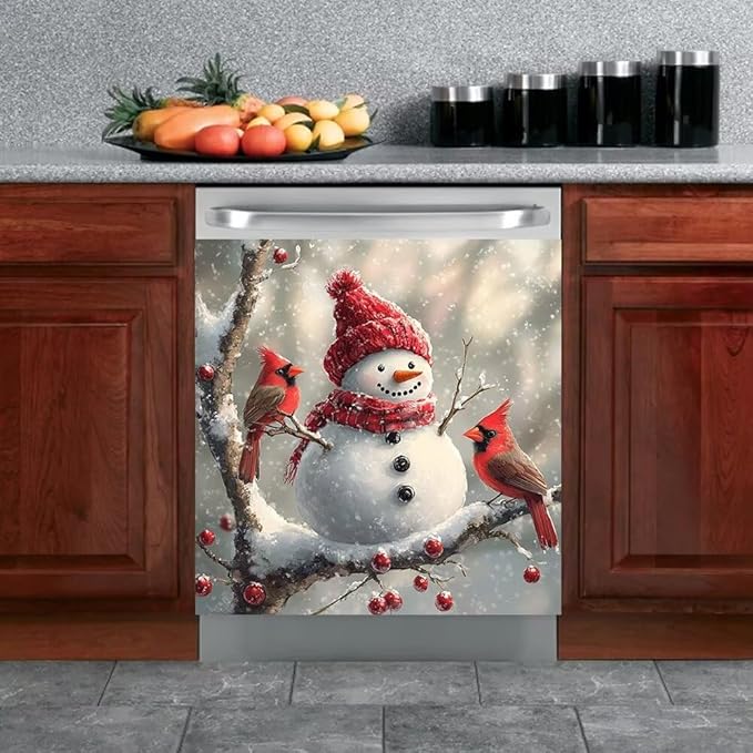 Christmas Snowman Dishwasher Magnetic Cover Front Door Stickers Cardinal Bird Dishwasher Magnet Covers Kitchen Fridge Decals Xmas Decoration Kitchen Cabinet Sticker, Magnetic 23" x 17"