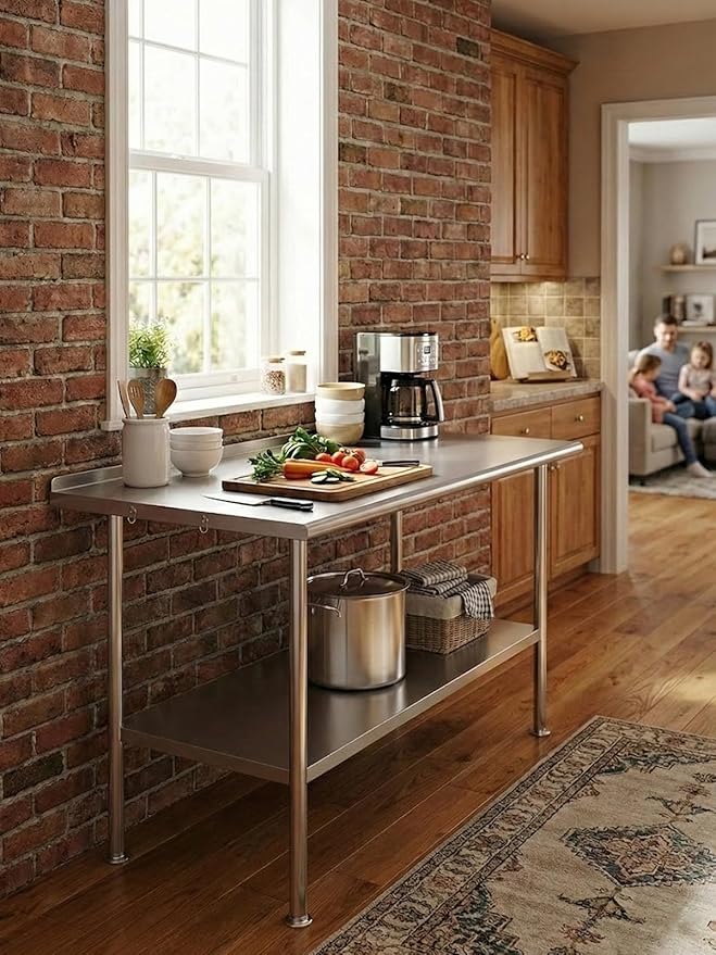 All-Stainless Steel Prep Table, 30 X 48 Inch, with Rounded-Corner Backsplash and Adjustable Undershelf, Heavy-Duty for Outdoor Use,Restaurants,Hotels,Workshops,Kitchens,Gardens, and Garages