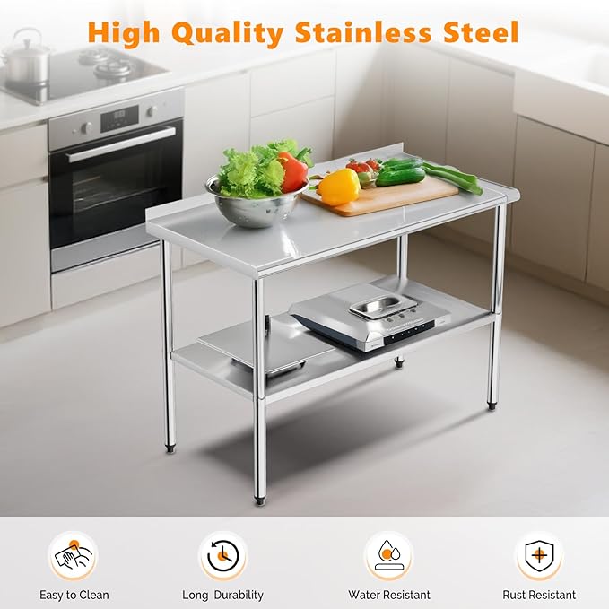 ROVSUN 48'' x 24'' Stainless Steel Table for Prep & Work,Commercial Worktables & Workstations, NSF Heavy Dut Metal Table with Adjustable UnderShelf & Backsplash for Kitchen,Restaurant,Home,Hotel
