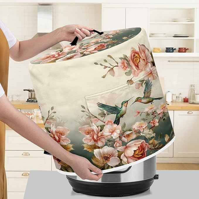 Xoenoiee Hummingbird Vintage Floral Print Kitchen Appliance Dust Cover with Pockets, Electric Pressure Cooker Cover Compatible with Crock Pot, Rice Cooker Cover, for 3 Qt Pot