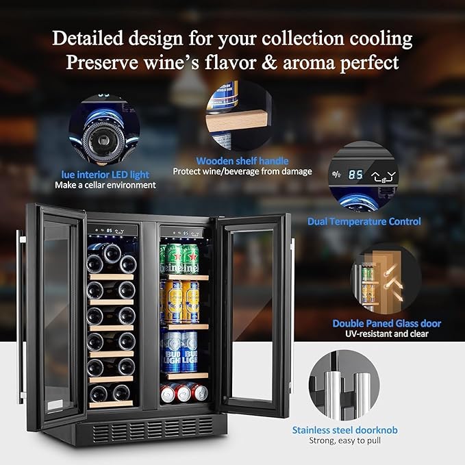 BODEGA Beverage Refrigerator Black, 24 Inch Dual Zone Wine and Beverage Cooler Under Counter, Drink Fridge for Beer, Soda, Wine, Champagne, Holds 41 Cans and 17 Bottles