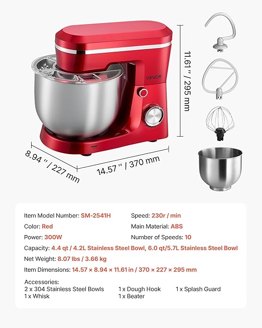 VEVOR Stand Mixer, 4.4 QT+6 QT Electric Kitchen Mixer, 300W Dough-Mixer, 10 Speeds Tilt-head Food-Mixer with Stainless Steel Bowls, Dough Hook, Whisk, Beater, for Baking, Mixing, Whipping & Kneading