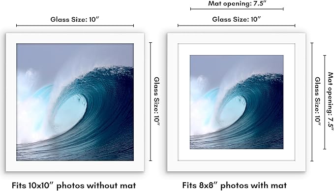 Americanflat 10x10 Picture Frame with Shatter-Resistant Glass - Use as 8x8 Frame with Mat or Display 10x10 Photo Without Mat - Signature Collection - Square Frames for Wall Display - White