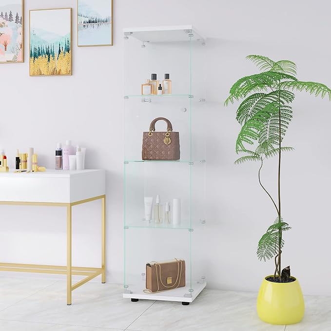 4-Shelf Glass Display Cabinet, Floor Standing Curio Bookshelf with Door & Locks, Toys & Trophy Display Case, for Living Room, Kitchen, Bedroom, Exhibition Hall (White)