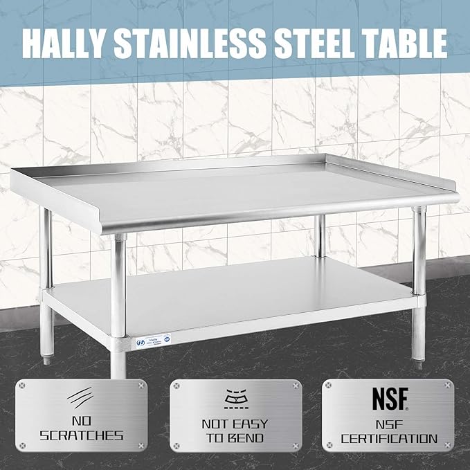 HALLY Stainless Steel Equipment Stand 28x48 Inches with Undershelf, NSF Commercial Prep & Work Table with Rear and Side Risers, Heavy Duty Grill for Kitchen, Bar, Restaurant, Home and Hotel