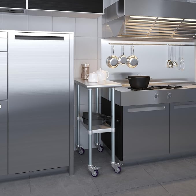 AmGood 15" Long x 30" Deep Stainless Steel Table with Casters