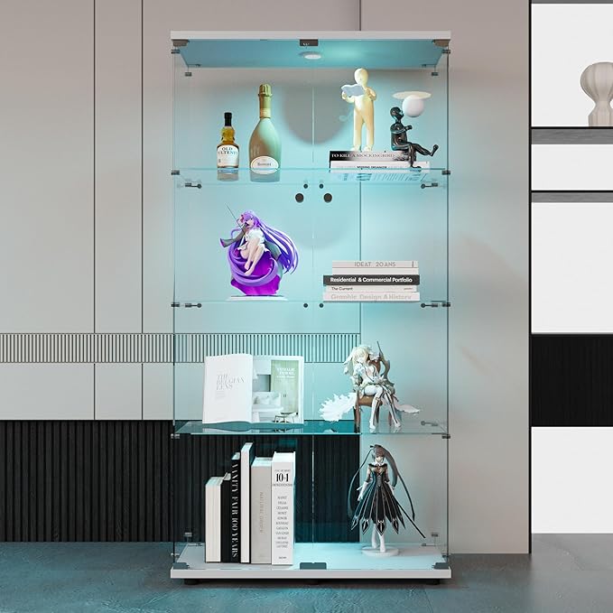 64.5" H 4-Shelf LED Lights Glass Display Cabinet with Double Door,Modern Curio Cabinet Collection Display Case,Floor Standing Bookshelf Glass Case with Lock for Living Room,Home Office (White)