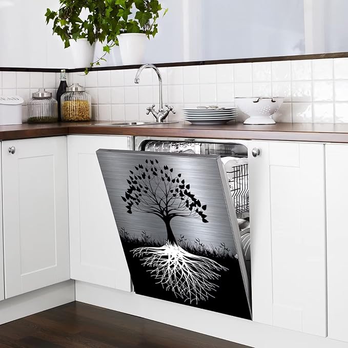 Tree of Life Dishwasher Cover Magnet Decor,23x26inch Large Polishing Metal Dishwasher Front Door,Black Kitchen Dishwasher Decal,Tree Refrigerator Panel,Sliver Metal Magnetic Dishwasher Sticker