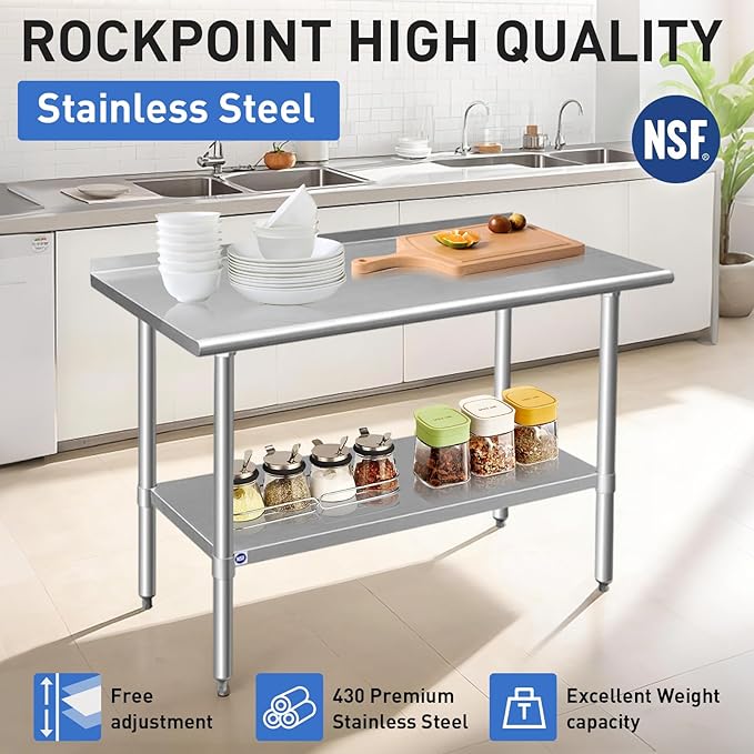 ROCKPOINT Stainless Steel Table for Prep & Work with Backsplash 30x48 Inches, NSF Metal Commercial Kitchen Heavy Duty Table with Adjustable Under Shelf and Table Foot for Restaurant, Home and Hotel