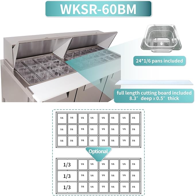 WESTLAKE 60" W 2 Door Refrigerator Sandwich & Salad Prep Table Commercial Mega Top Refrigerator Stainless Steel Counter Fan Cooling with 24 pans-60 Large Capacity Inches for Restaurant