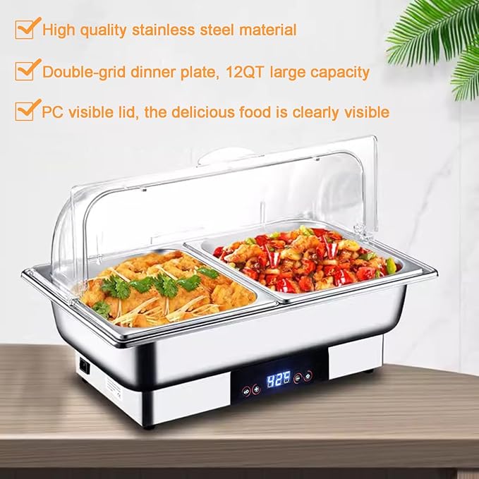 Electric Chafing Dish, 12 QT Full Size Buffet Servers and Warmers with Temperature Control Display Stainless Dish Set Pan for Catering Food Warmer for Catering Parties