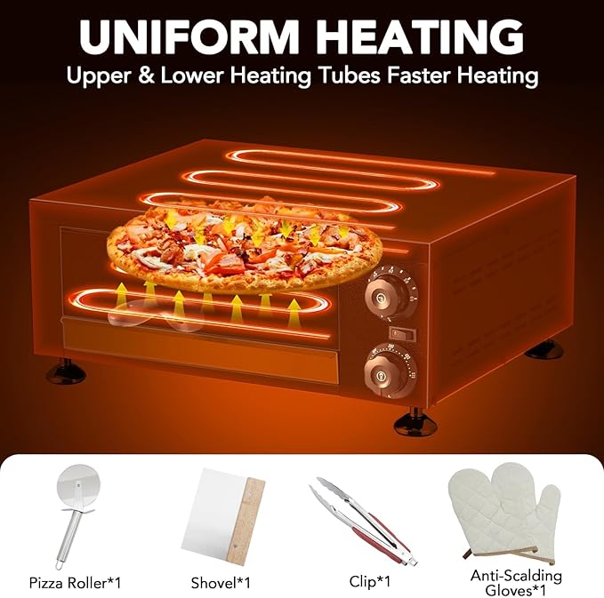 Professional 12 Inch Countertop Pizza Oven Electric 1100W, with 60-Minute Timer, Stainless Steel Pizza Maker for Fast Baking, Perfect for Home Party, Outdoor BBQ, Commercial Food Service Catering