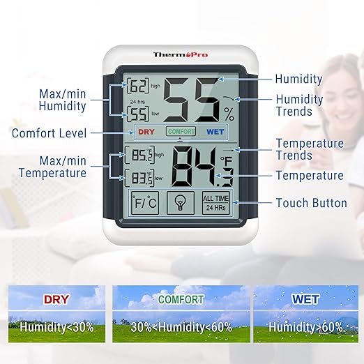 ThermoPro TP55 Digital Indoor Hygrometer Thermometer, 4-Inch Temperature/Humidity Monitor with Touchscreen and Backlit, Indoor Room Thermometer/Humidity Meter for House Home Greenhouse