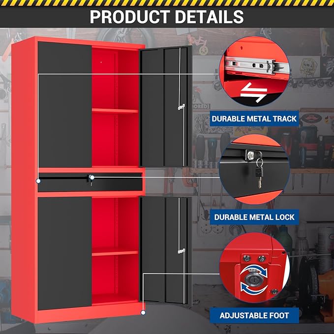 71" Metal Cabinet-Black&Gray Heavy Duty Storage File Cabinet Steel Tool Cabinets with Shelves, Lockable Doors and Drawers- for Garage, Pantry, Warehouse - Assembly Required