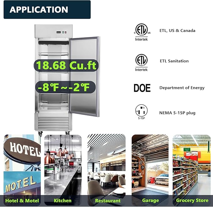 Commercial Freezer 27"W Single Solid Door Stainless Steel Interior and Exterior Construction Upright Fan Cooling