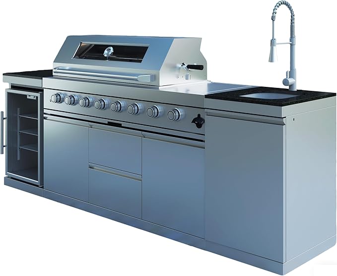 96-Inch 6-Burner 85000 BTU Propane Gas Outdoor Kitchen Island Grill with Wine Cooler, Rotisserie & Granite Countertops – Combining a spacious grilling area with versatility, Silver