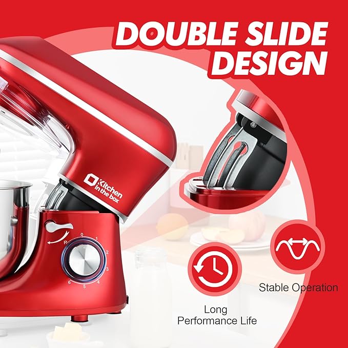 Kitchen in the box Stand Mixer, 6.5QT 660W Kitchen Electric Mixer, 6-Speed Tilt-Head Food Mixer with Dough Hook, Wire Whip and Beater (Red)