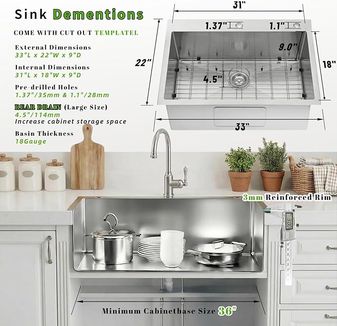 Drop In Kitchen Sink 33x22", 9" Basin Depth, 18 Gauge Stainless Steel Sink, 3D Embossed Surface Finish Top Mount with Accessories