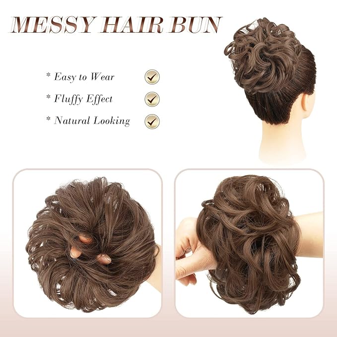 FESHFEN Large Messy Bun Hair Piece - Wavy Synthetic Chignon Scrunchies Elastic Ponytail Hair Extensions Thick Hairpieces for Women, Medium Auburn 1.94oz