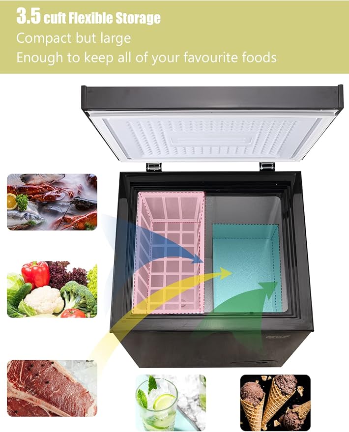 3.5 Cu.Ft Deep Compact Freezer with a Removable Basket, Chest Freezer 7 Gears Temperature Control(-18°F to -46°F), for House, Garage, Kitchen, Basement, Shop, Black