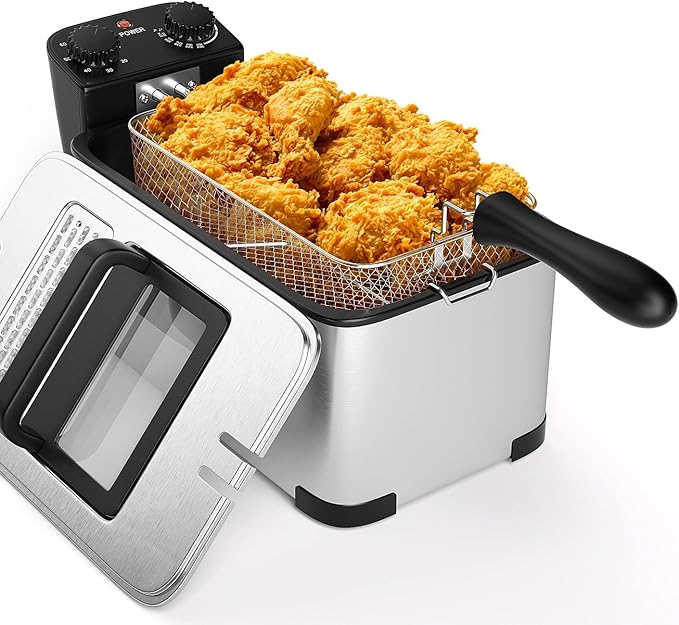 Simoe Deep Fryer with Basket, Electric Deep Fat Fryers w/Lid, 1700W Countertop Fryer with Timer and Temperature Knobs, 3.2 Quart, Fryers for Home, Kitchen Restaurant, Stainless Steel
