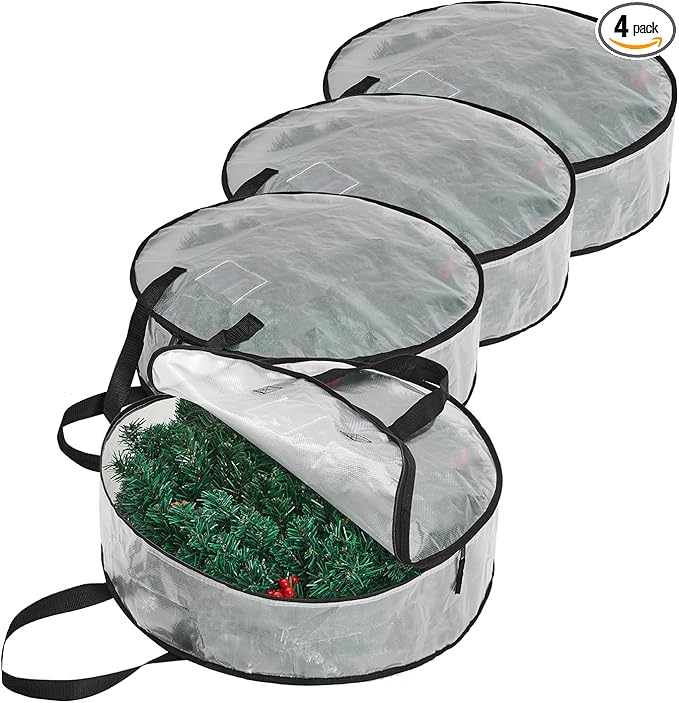 4 Pack Clear Christmas Wreath Storage Bags 24 Inch - Waterproof Wreath Container with Dual Zipper and Reinforced Handles for Artificial Wreath, Garland and Holiday Decor Organization